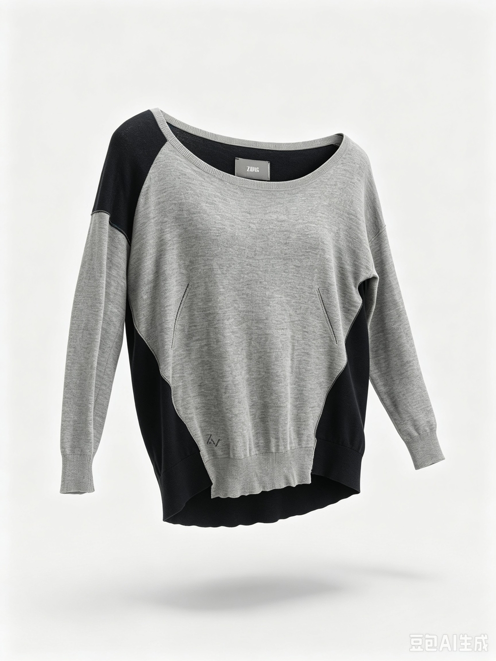 Zadig & Voltaire Light Gray and Black Crewneck Colorblock Sweater